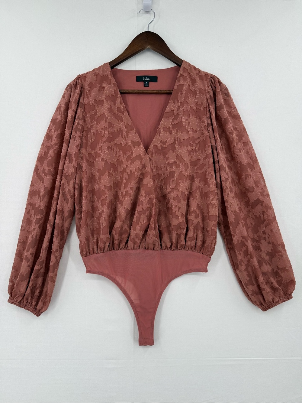 Lulu's Floral Lace Sheer Bodysuit Dusty Rose Pink Long Sleeve Puff Size S